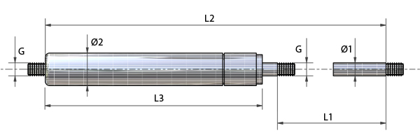 Műszaki rajz - Rozsdamentes acél (AISI 304) menetes gázrugók